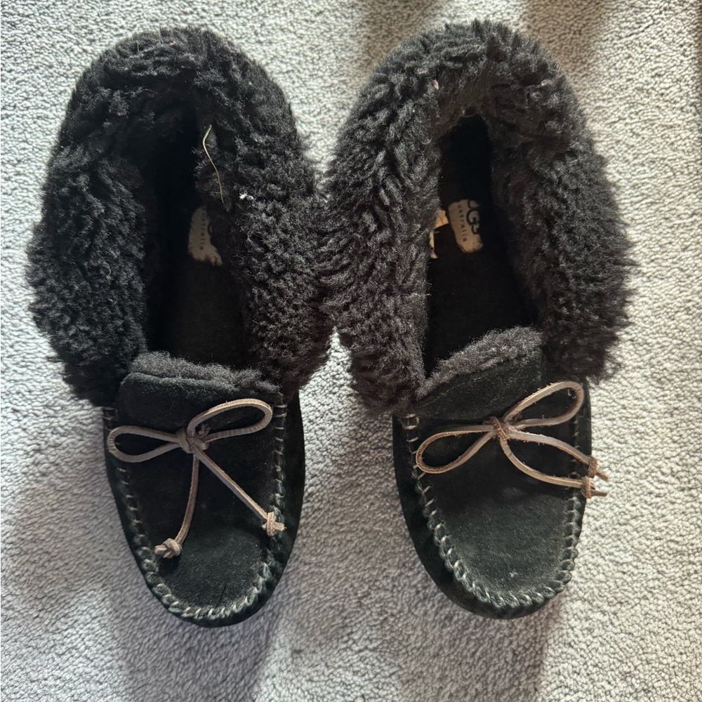 Black Shearling Moccasin Slippers